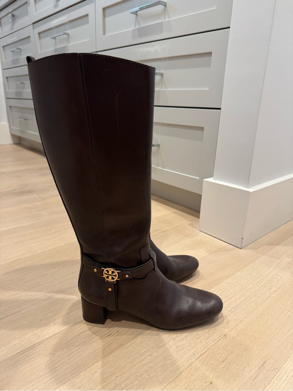 Tory Burch Dark Brown Leather Mid-Heel Riding Boots , Gold Logo Harness size 11